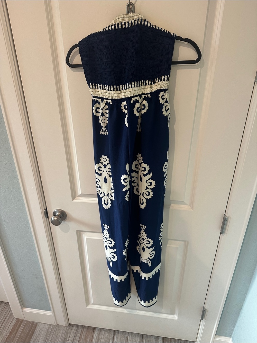 Strapless Navy Jumpsuit with White Embroidered Motif